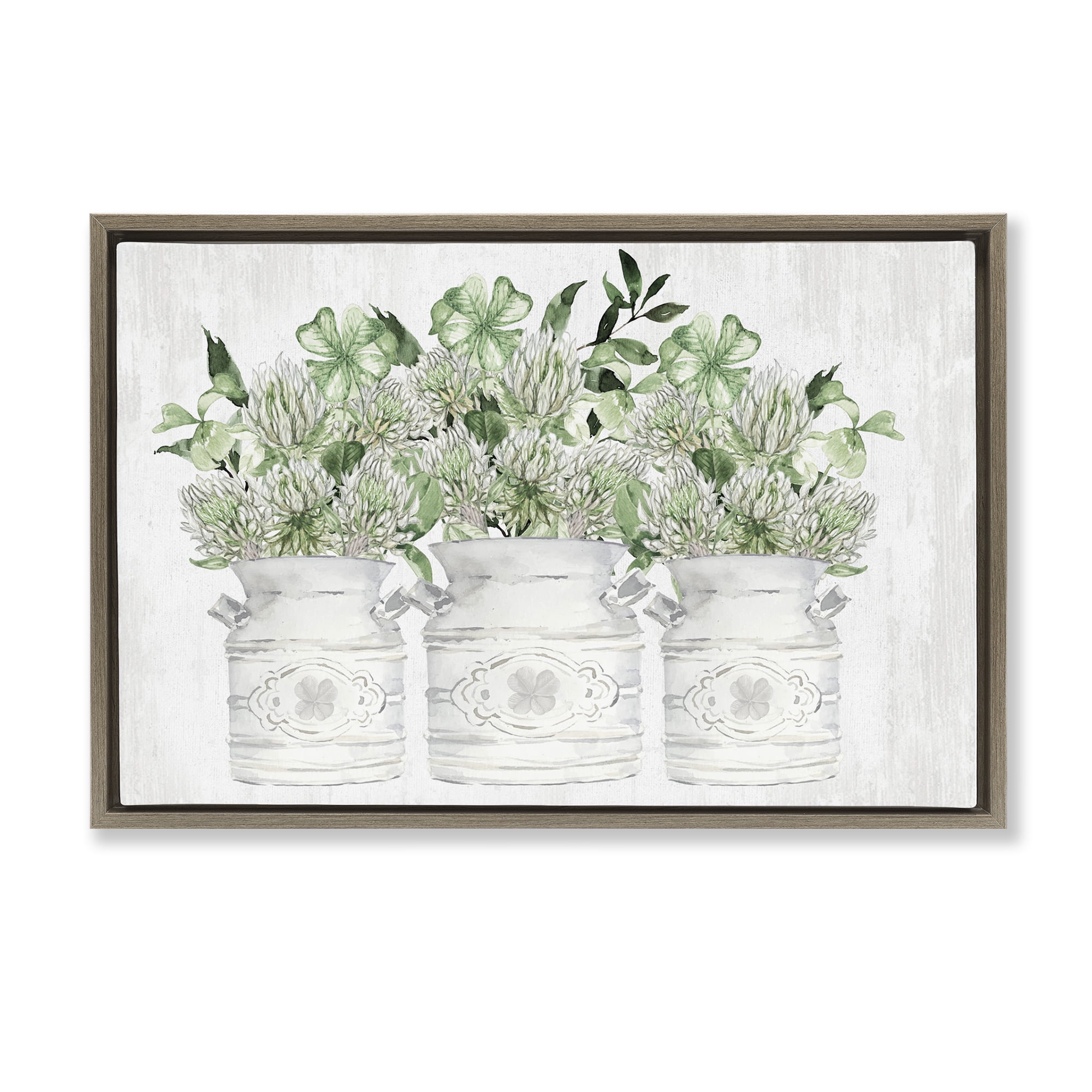 Stupell Industries Spring Potted Clovers Botanical & Floral Painting Brown Floater Framed Canvas Art Print Wall Art, 25 x 17