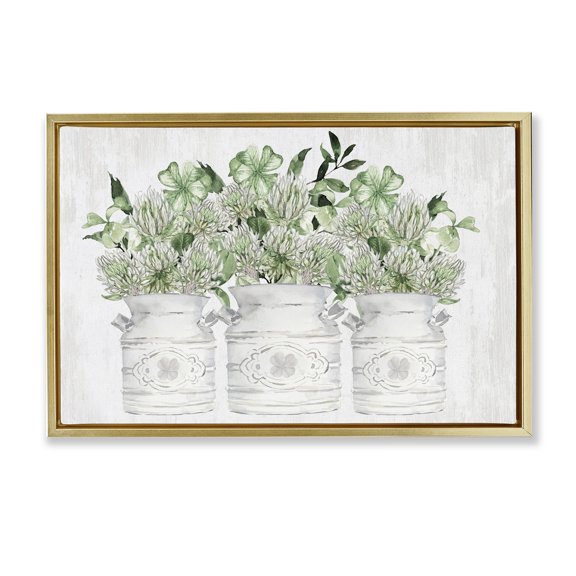 Stupell Industries Spring Potted Clovers Botanical & Floral Painting Gold Floater Framed Canvas Art Print Wall Art, 25 x 17