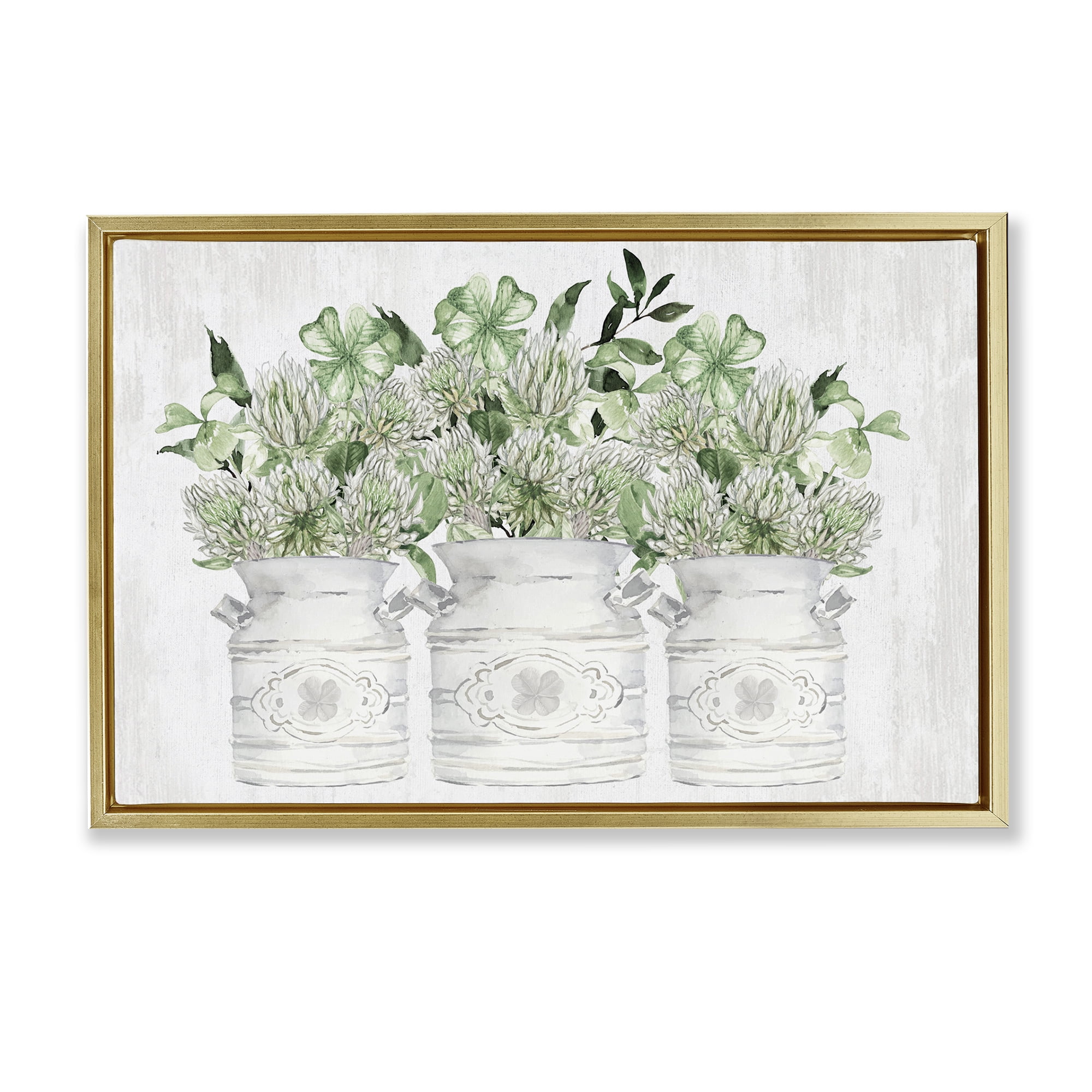 Stupell Industries Spring Potted Clovers Botanical & Floral Painting Gold Floater Framed Canvas Art Print Wall Art, 31 x 21