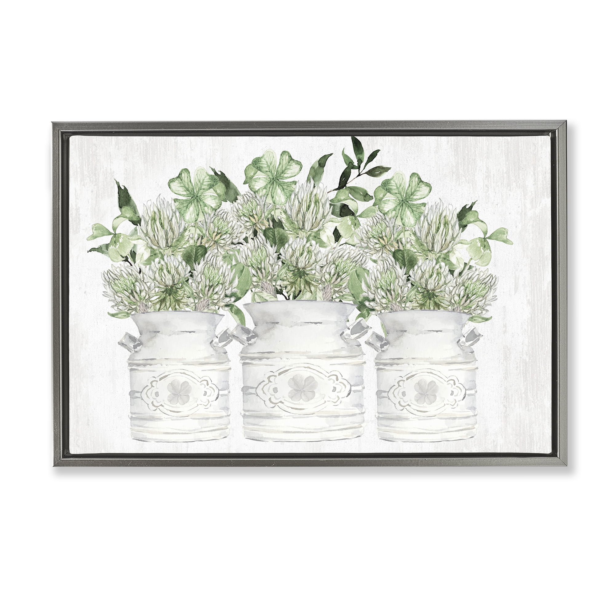 Stupell Industries Spring Potted Clovers Botanical & Floral Painting Gray Floater Framed Canvas Art Print Wall Art, 25 x 17