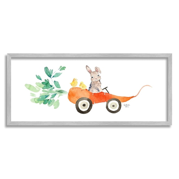 Stupell Industries Spring Rabbit Chicks Riding Seasonal Carrot Wagon Painting Gray Framed Art Print Wall Art, Design by Heatherlee Chan