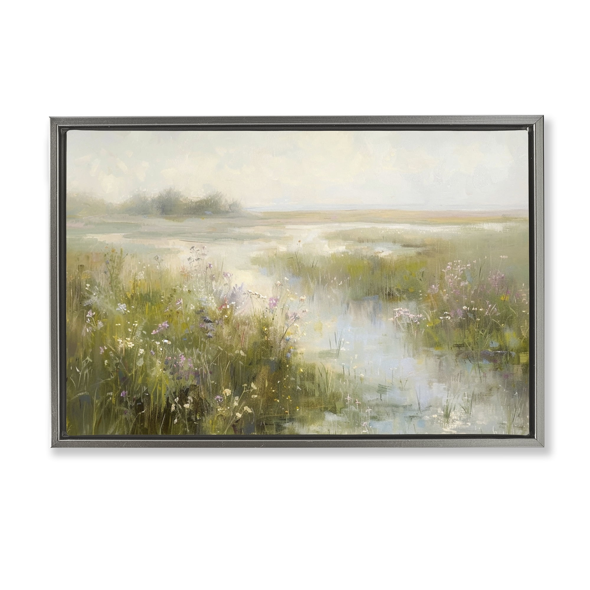 Stupell Industries Spring River with Wild Blooms Landscape & Nature Painting Gray Floater Framed Canvas Art Print Wall Art, 25 x 17