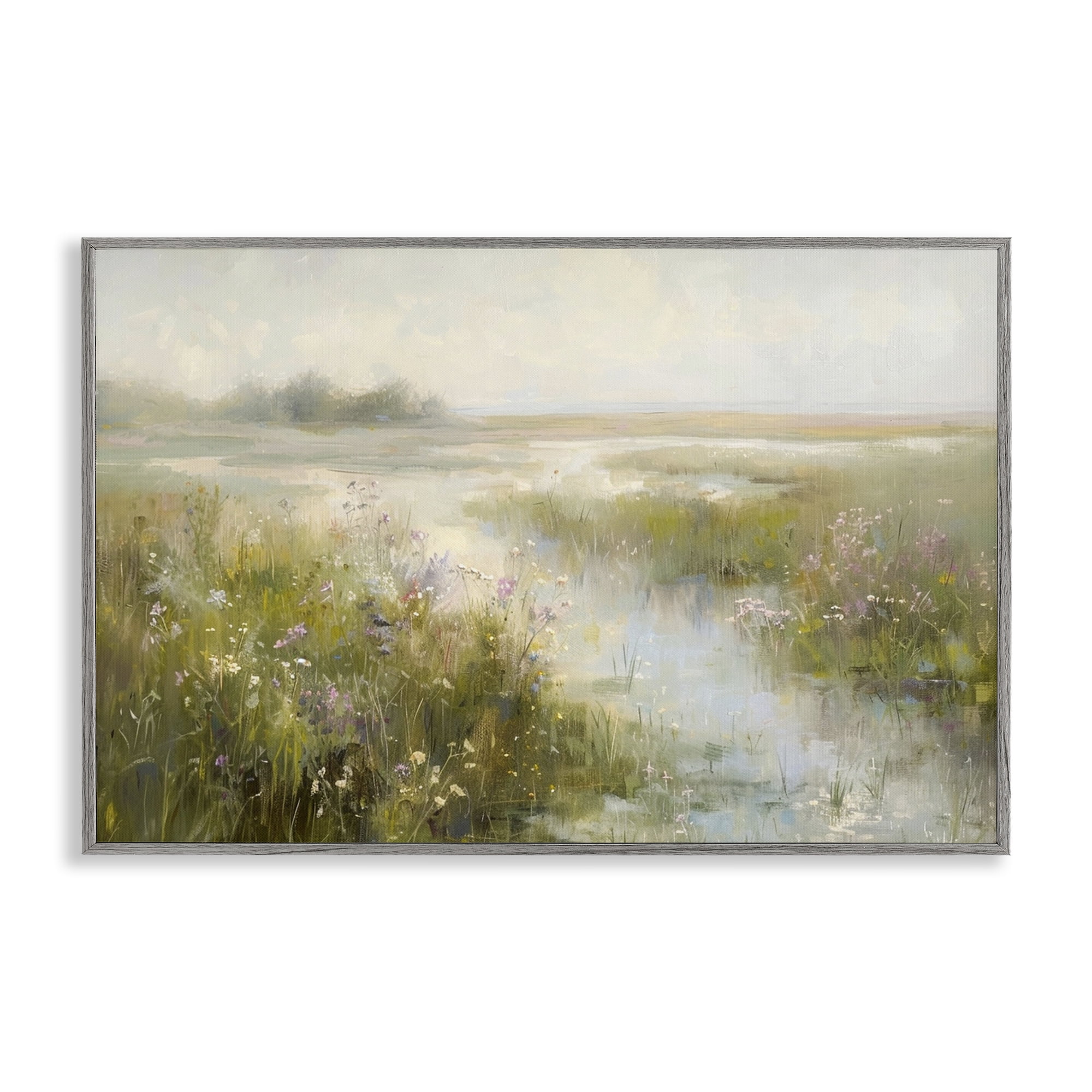 Stupell Industries Spring River with Wild Blooms Landscape & Nature Painting Gray Framed Art Print Wall Art, 24 x 16