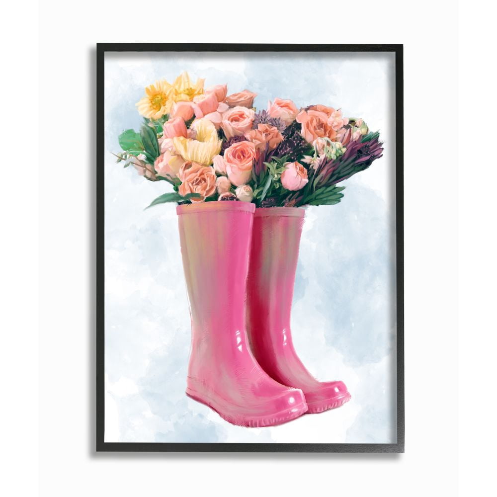 Stupell Industries Spring Roses in Pink Rainboots Floral Arrangement Framed Wall Art Design by Ziwei Li, 11" x 14", Black Framed