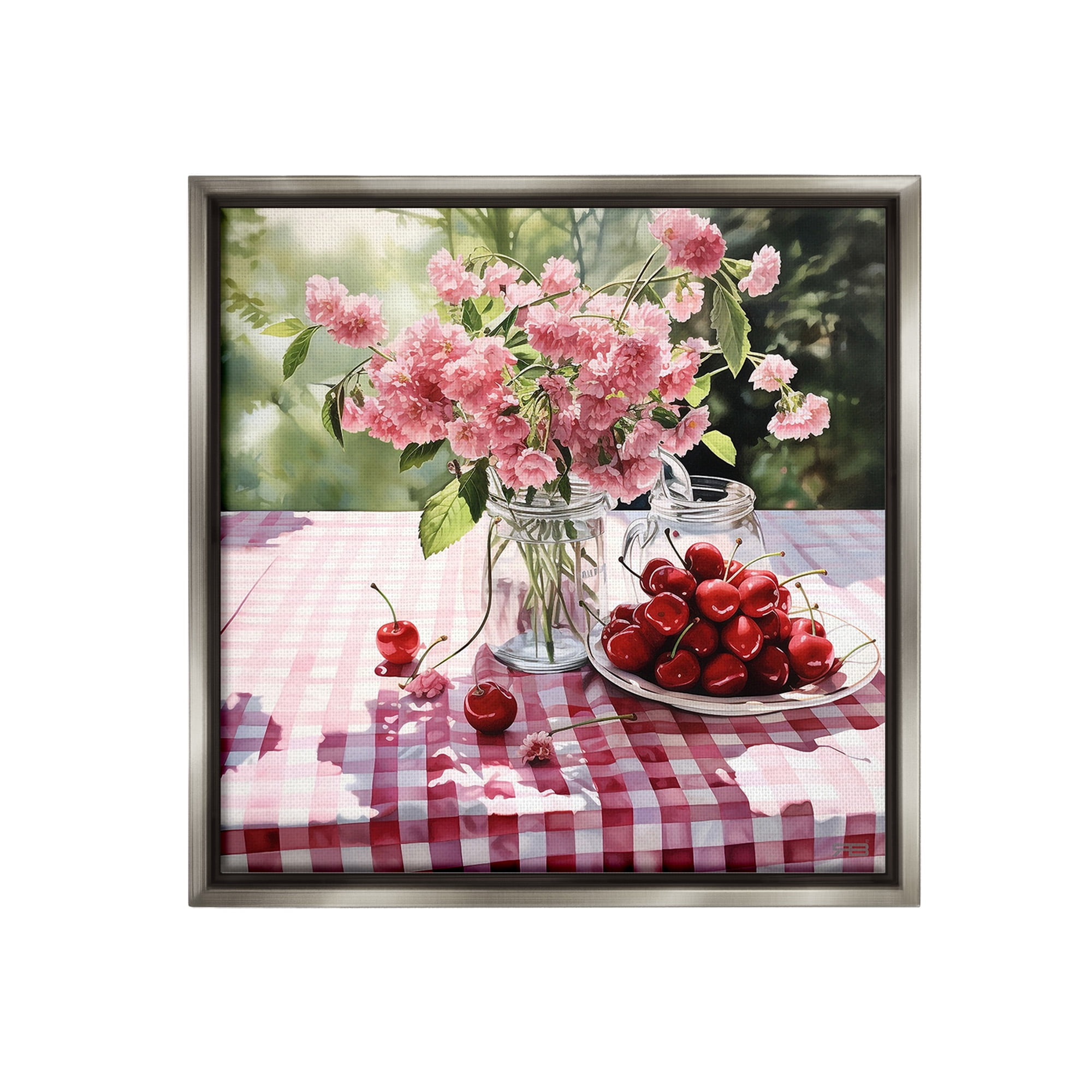 Stupell Industries Spring Snacks on Plaid Food & Beverage Painting Gray Floater Framed Canvas Art Print Wall Art, 18 x 18