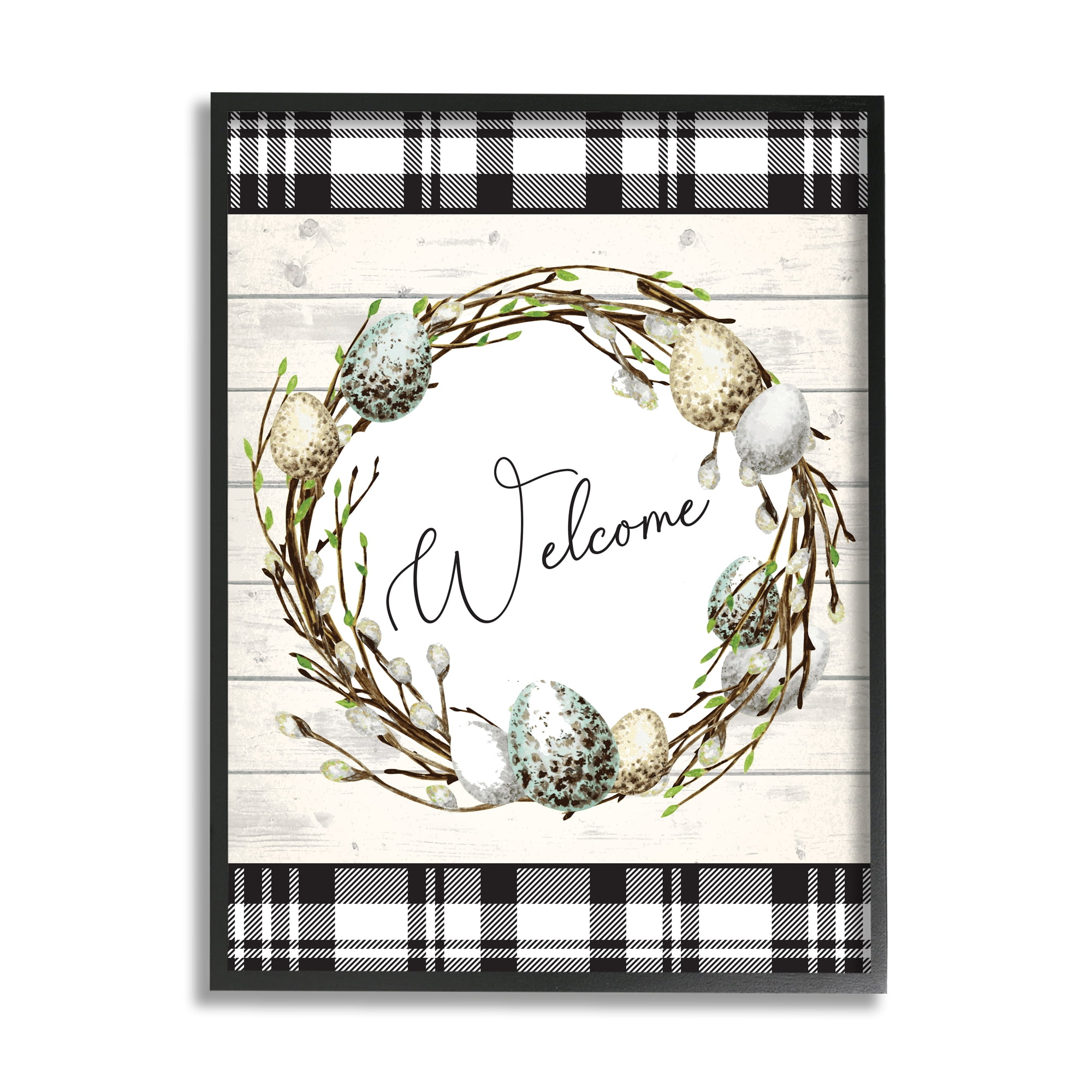 Stupell Industries Spring Speckled Robin Egg Welcome Wreath Patchwork Plaid, 11 x 14, Designed by ND Art