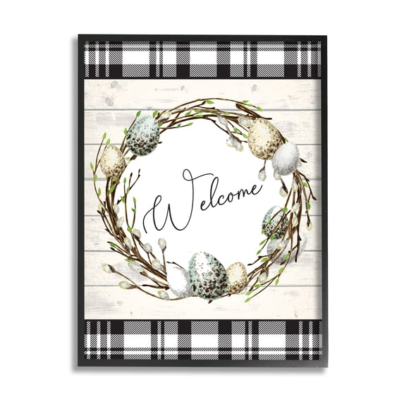 Stupell Industries Spring Speckled Robin Egg Welcome Wreath Patchwork Plaid, 11 x 14, Designed by ND Art