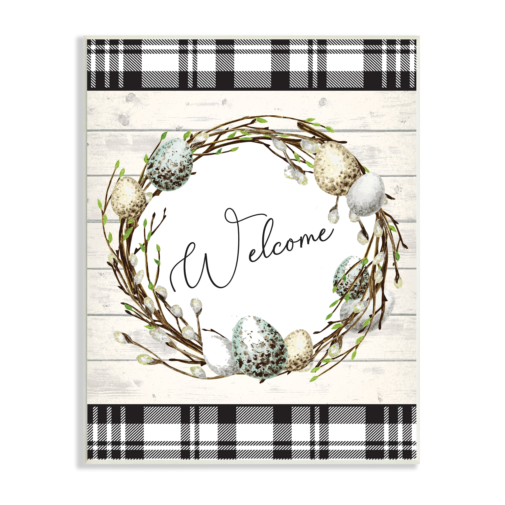 Stupell Industries Spring Speckled Robin Egg Welcome Wreath Patchwork Plaid, 13 x 19, Designed by ND Art