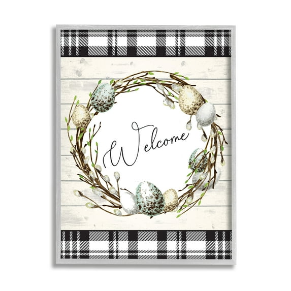 Stupell Industries Spring Speckled Robin Egg Welcome Wreath Patchwork Plaid, 24 x 30, Designed by ND Art