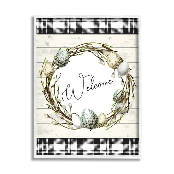 Stupell Industries Spring Speckled Robin Egg Welcome Wreath Patchwork Plaid, 24 x 30, Designed by ND Art