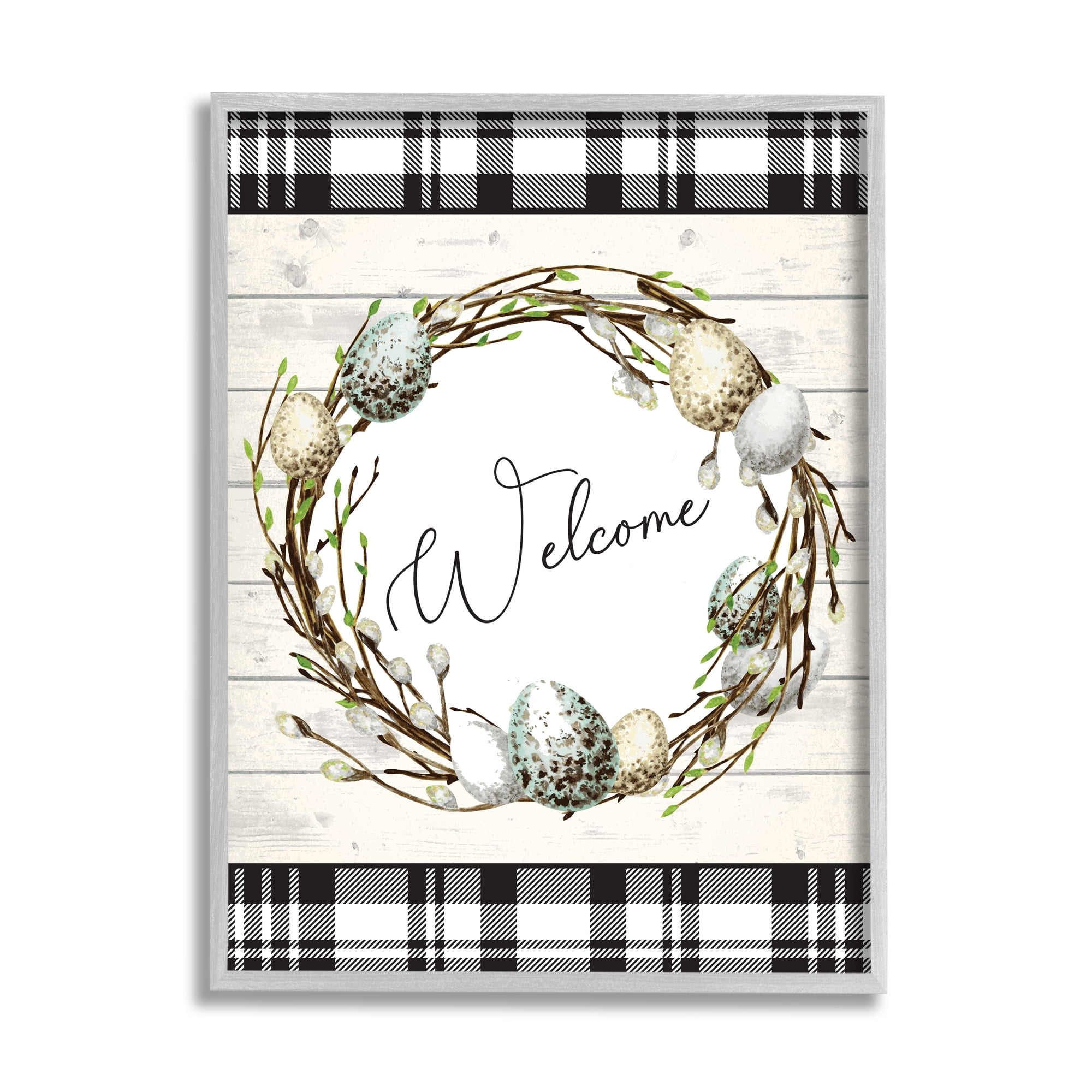 Stupell Industries Spring Speckled Robin Egg Welcome Wreath Patchwork Plaid Country Painting Gray Framed Art Print Wall Art, 11 x 14, Design by ND Art