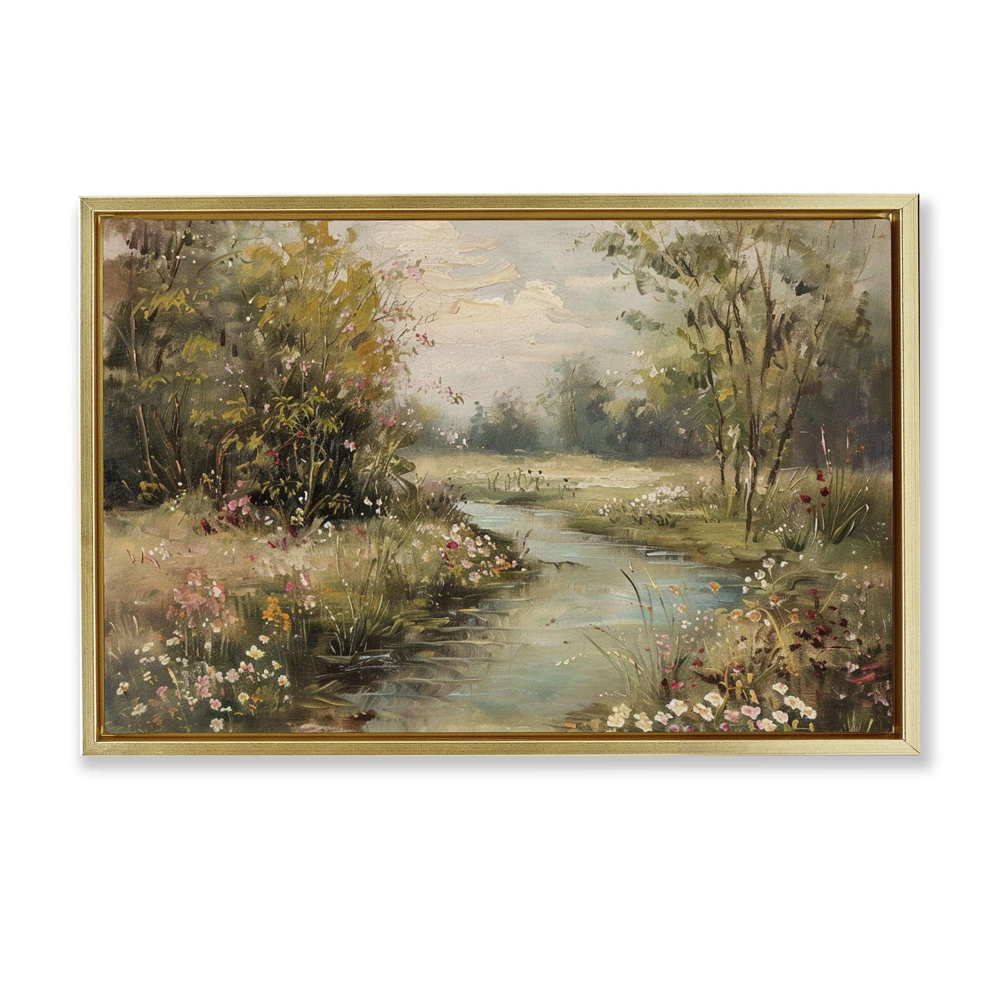 Stupell Industries Spring Stream Landscape Landscape & Nature Painting Gold Floater Framed Canvas Art Print Wall Art, 25 x 17