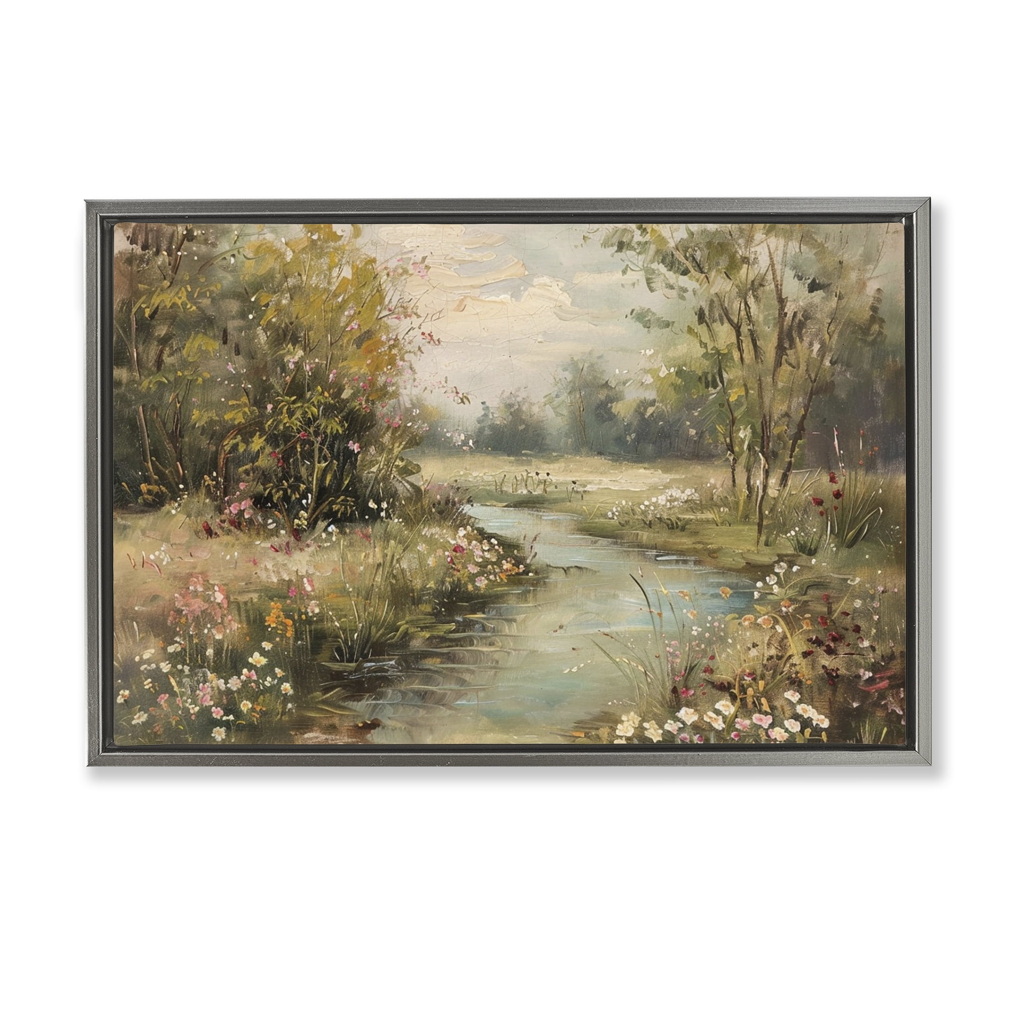 Stupell Industries Spring Stream Landscape Landscape & Nature Painting Gray Floater Framed Canvas Art Print Wall Art, 25 x 17