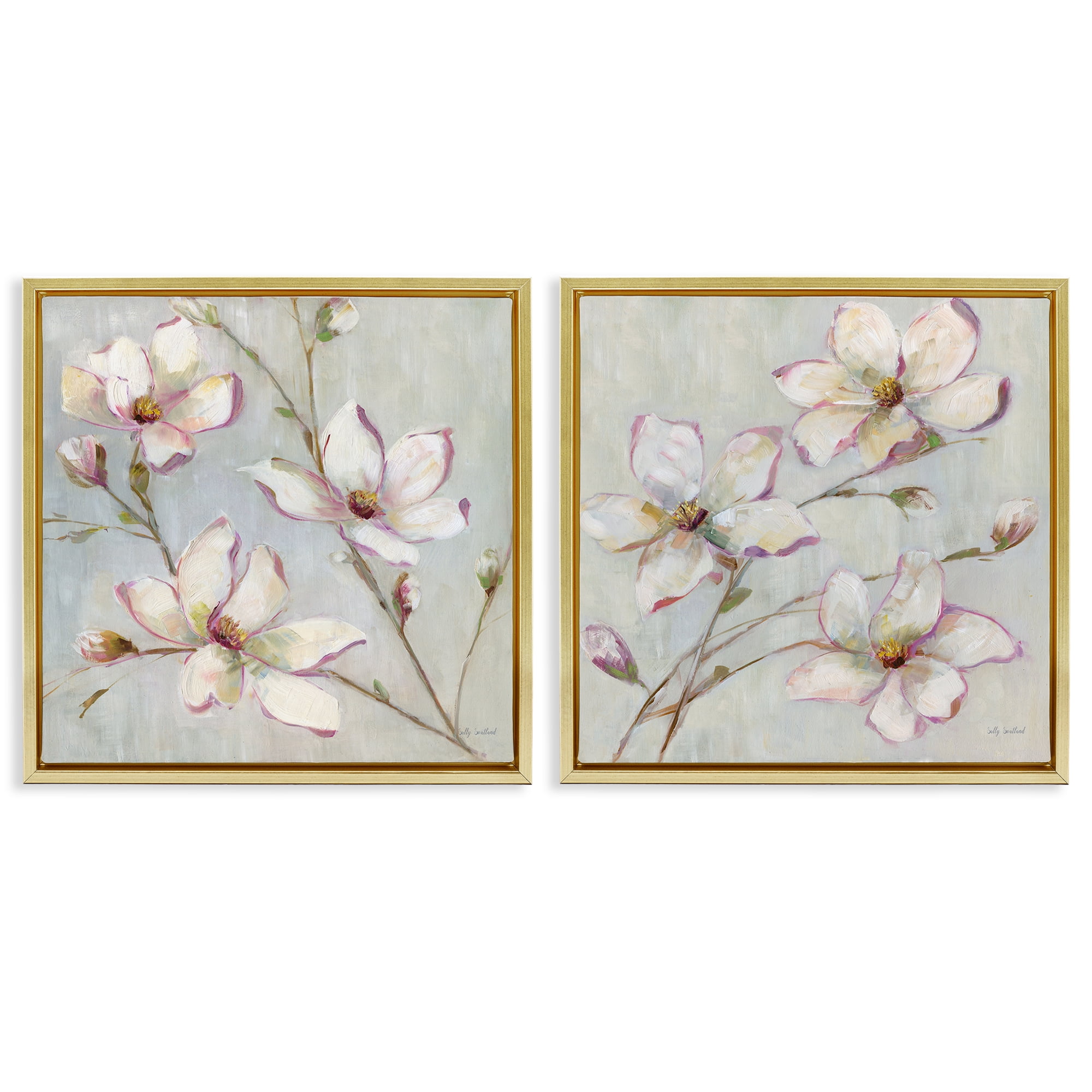 Stupell Industries Spring Tree Blooms Plants & Flowers Painting Gold Floater Framed Canvas Art Print Wall Art, 25 x 25, Set of 2