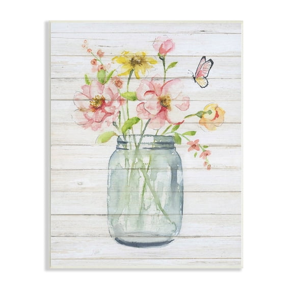 Stupell Industries Spring Wild Flower Assortment Country Mason Jar Butterfly,13 x 19, Design by Nan