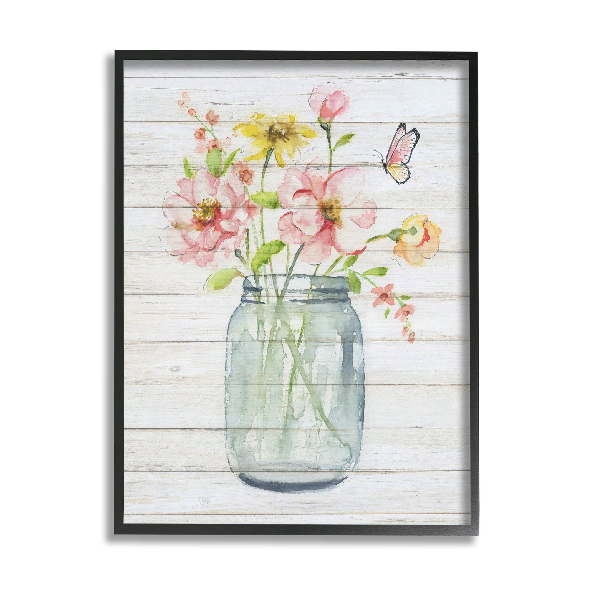 Stupell Industries Spring Wild Flower Assortment Country Mason Jar Butterfly,16 x 20, Design by Nan