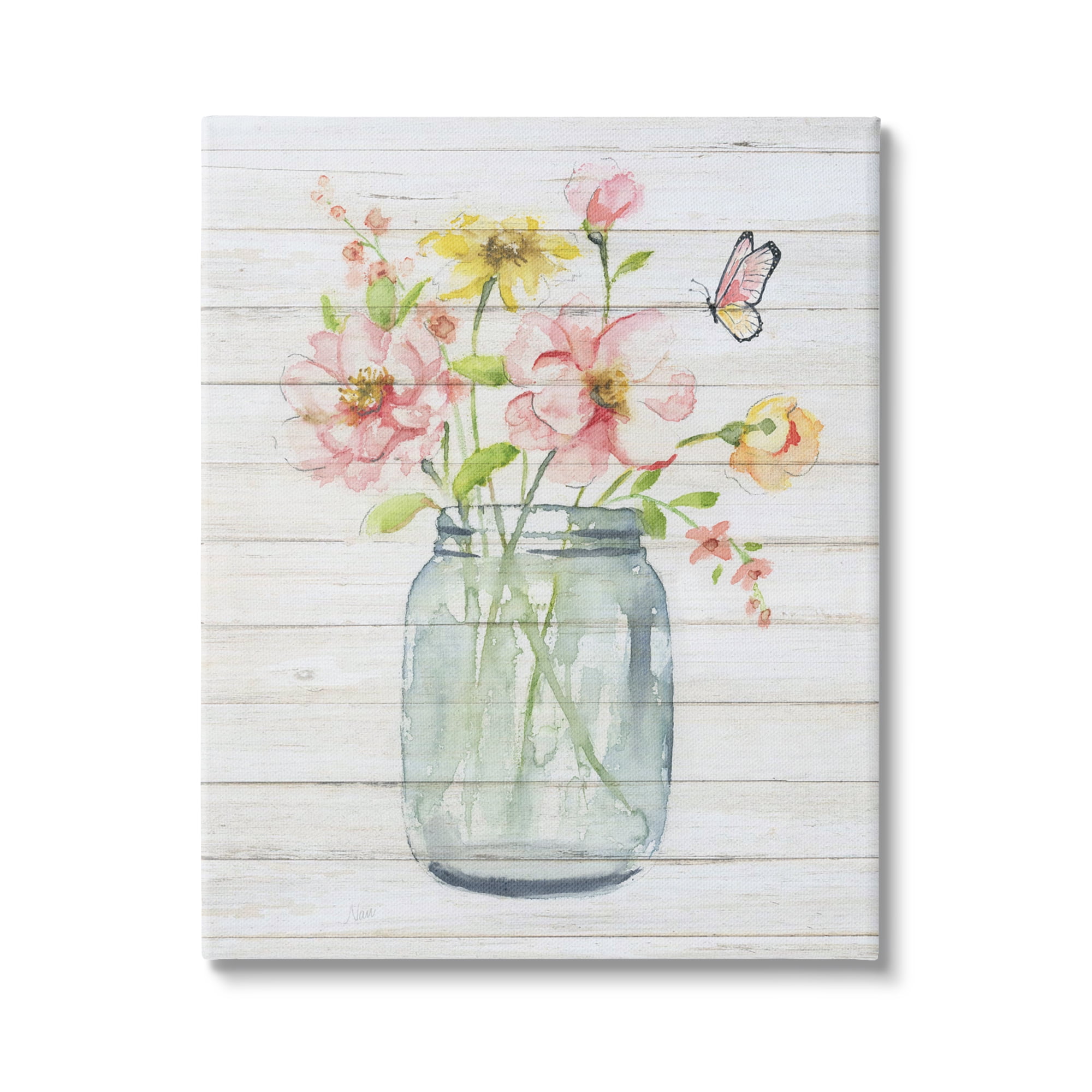 Stupell Industries Spring Wild Flower Assortment Country Mason Jar Butterfly,30 x 40, Design by Nan