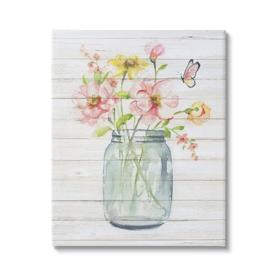 Stupell Industries Spring Wild Flower Assortment Country Mason Jar Butterfly,36 x 48, Design by Nan