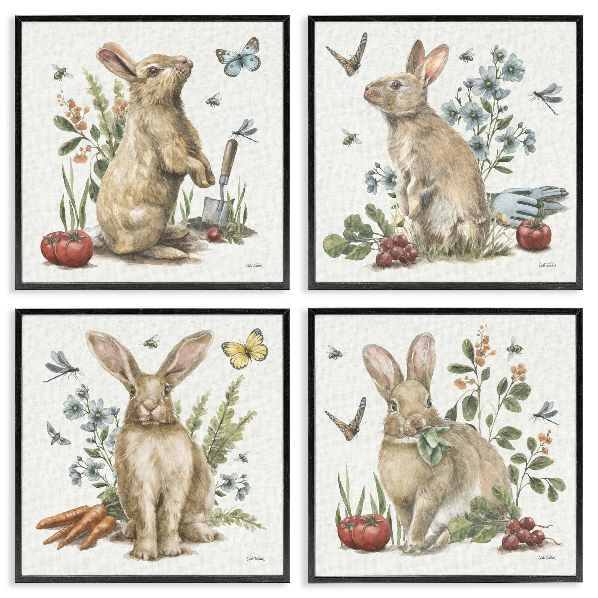 Stupell Industries Spring Woodland Rabbits Animals Painting Black Framed Art Print Wall Art, 17 x 17, Set of 4