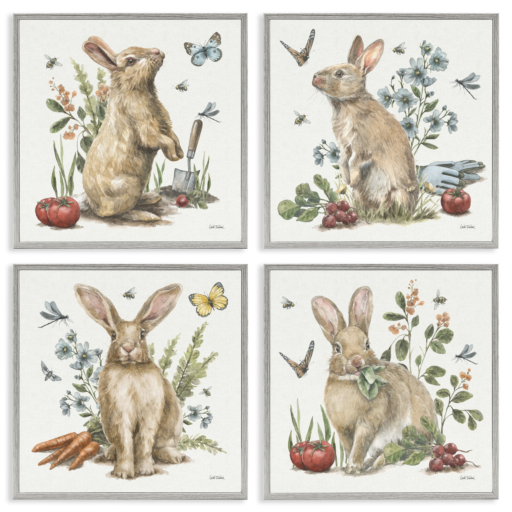 Stupell Industries Spring Woodland Rabbits Animals Painting Gray Framed Art Print Wall Art, 12 x 12, Set of 4