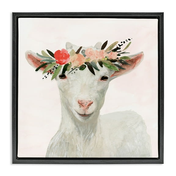 Stupell Industries Springtime Flower Crown Baby Goat Animals & Insects Painting Black Floater Framed Canvas Art Print Wall Art, 18 x 18