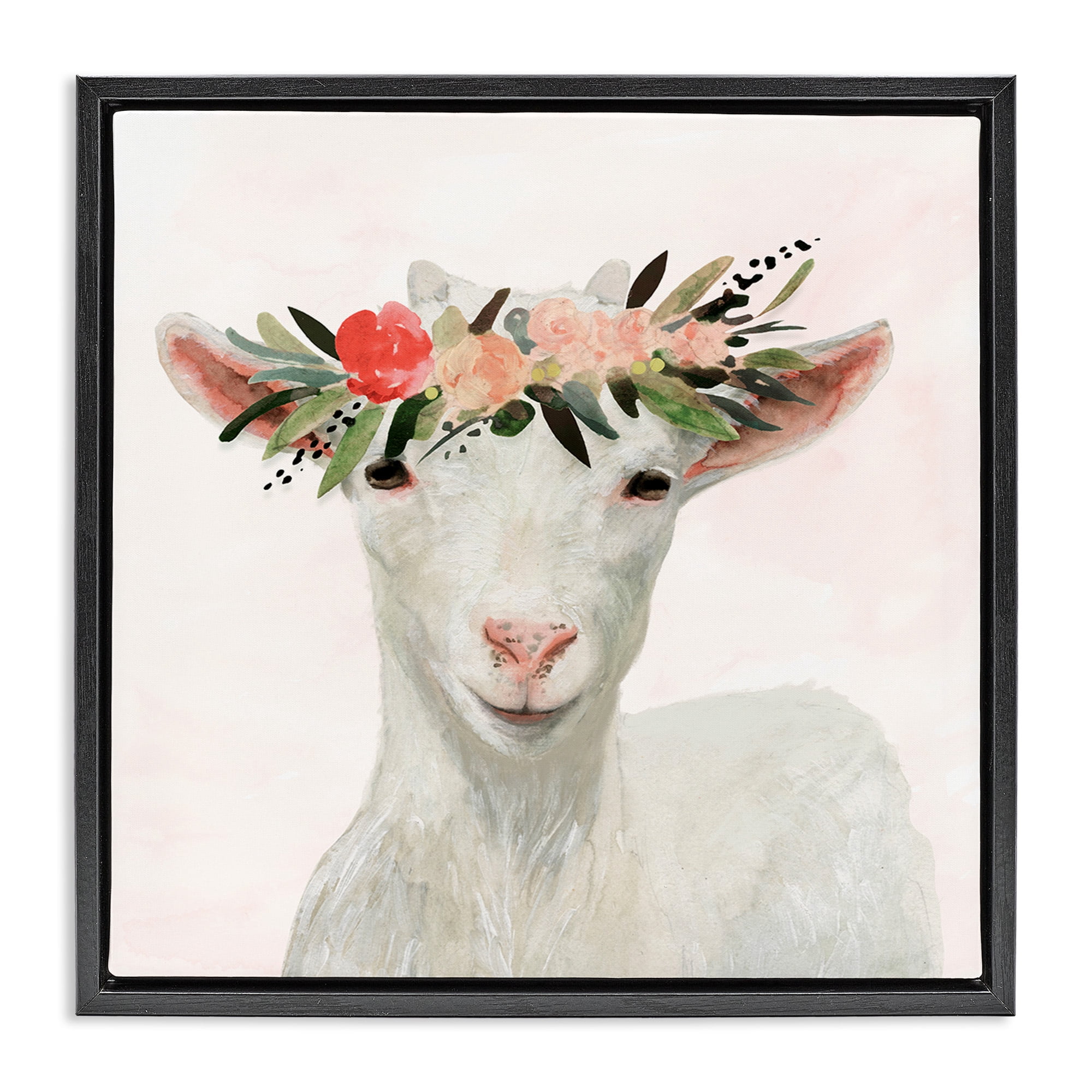 Stupell Industries Springtime Flower Crown Baby Goat Animals & Insects Painting Black Floater Framed Canvas Art Print Wall Art, 25 x 25