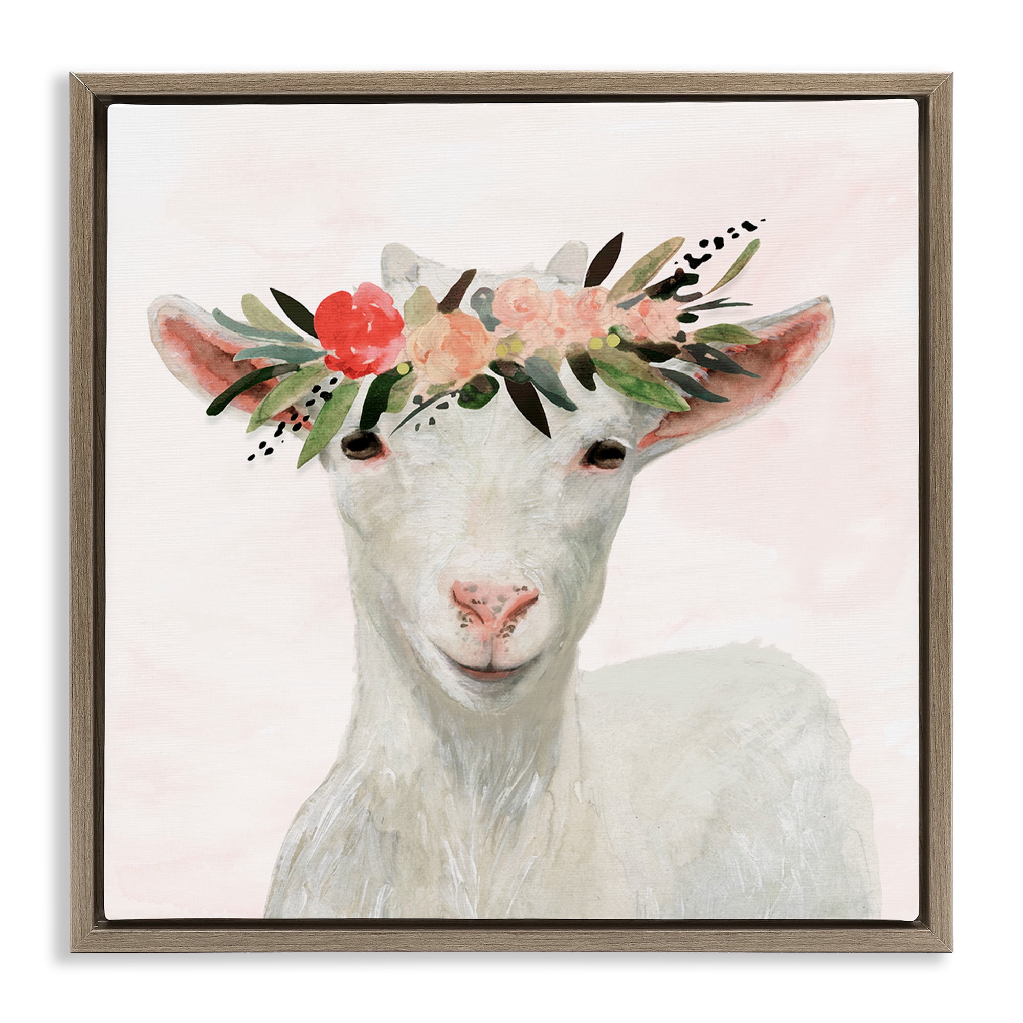 Stupell Industries Springtime Flower Crown Baby Goat Animals & Insects Painting Brown Floater Framed Canvas Art Print Wall Art, 18 x 18