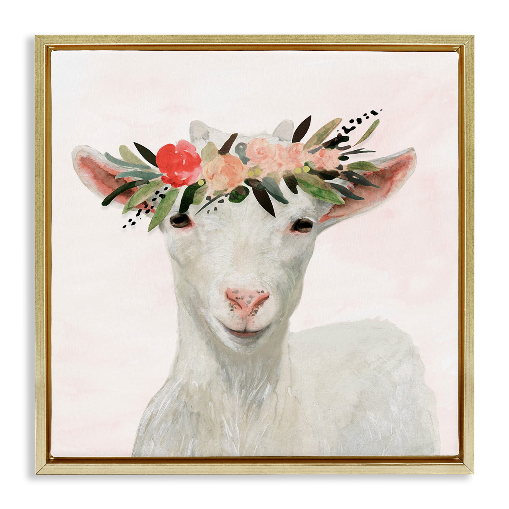 Stupell Industries Springtime Flower Crown Baby Goat Animals & Insects Painting Gold Floater Framed Canvas Art Print Wall Art, 18 x 18