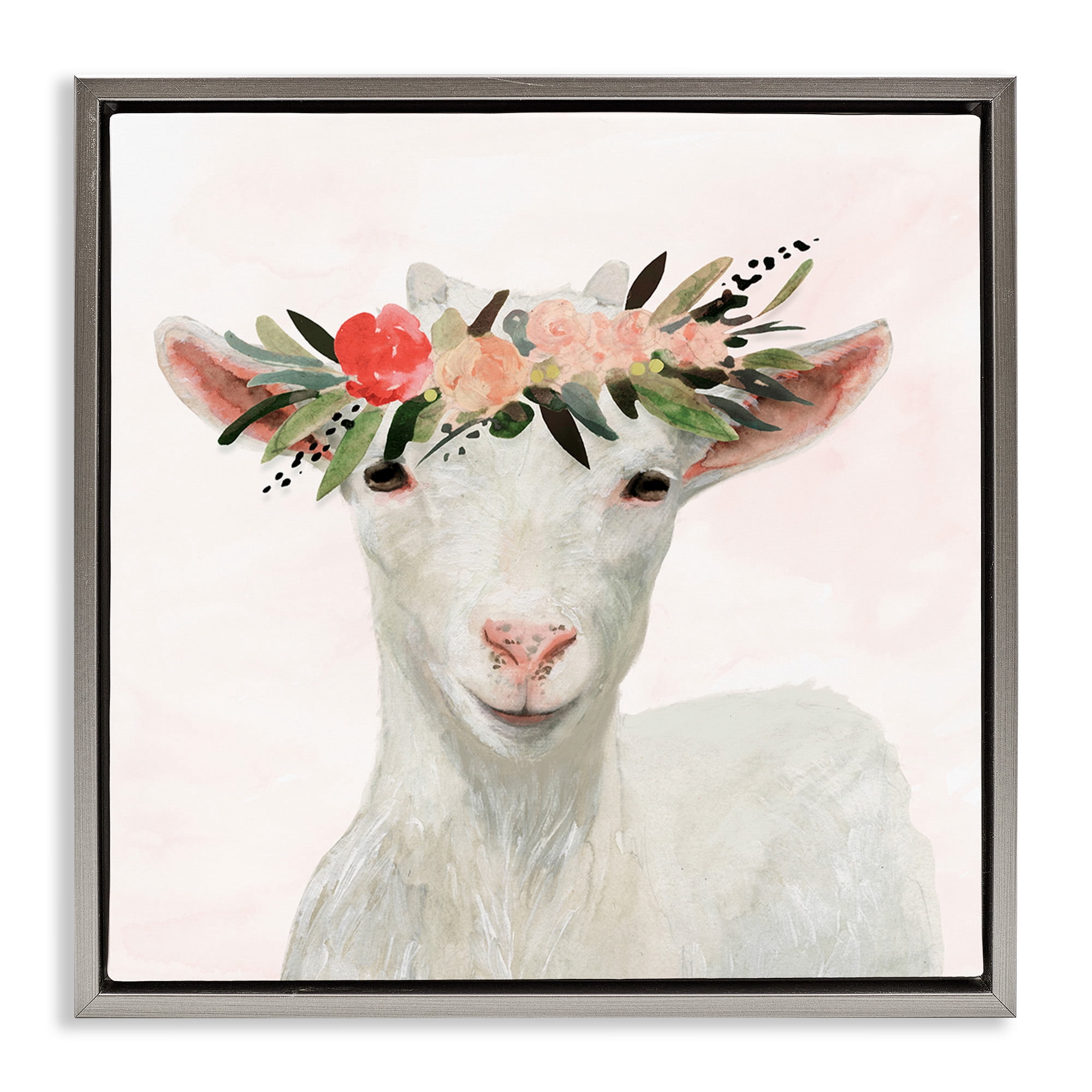 Stupell Industries Springtime Flower Crown Baby Goat Animals & Insects Painting Gray Floater Framed Canvas Art Print Wall Art, 18 x 18