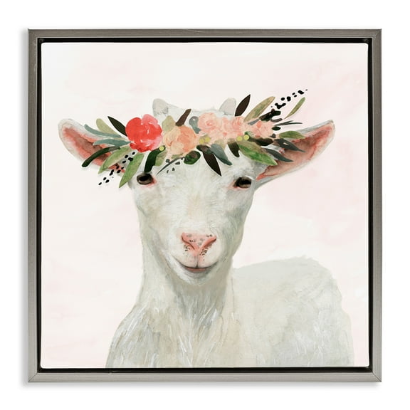 Stupell Industries Springtime Flower Crown Baby Goat Animals & Insects Painting Gray Floater Framed Canvas Art Print Wall Art, 25 x 25