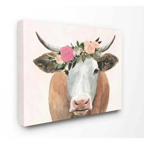 Stupell Industries Springtime Flower Crown Farm Cow with Horns Canvas Wall Art by Victoria Borges