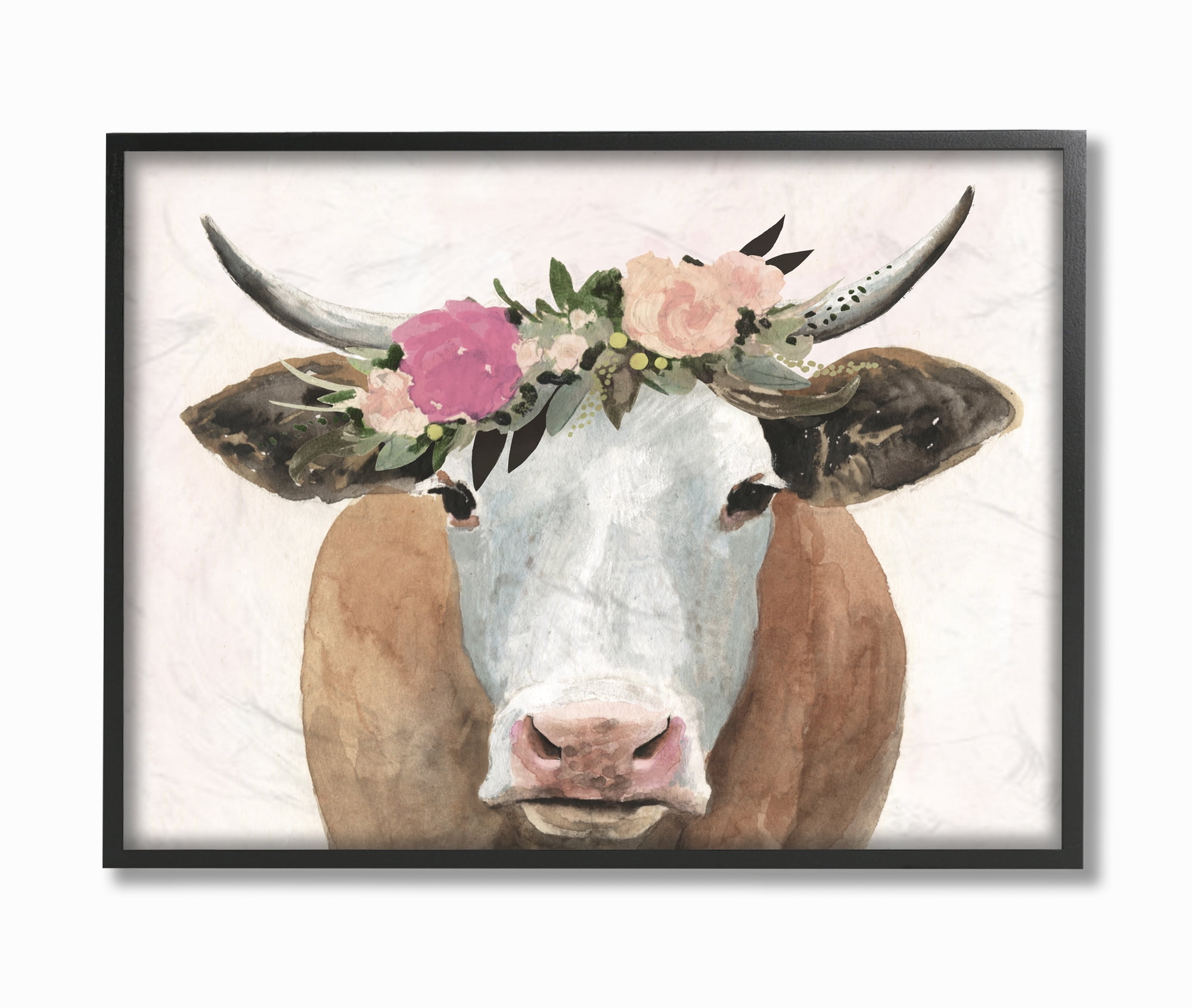 Stupell Industries Springtime Flower Crown Farm Cow with Horns Framed Wall Art by Victoria Borges