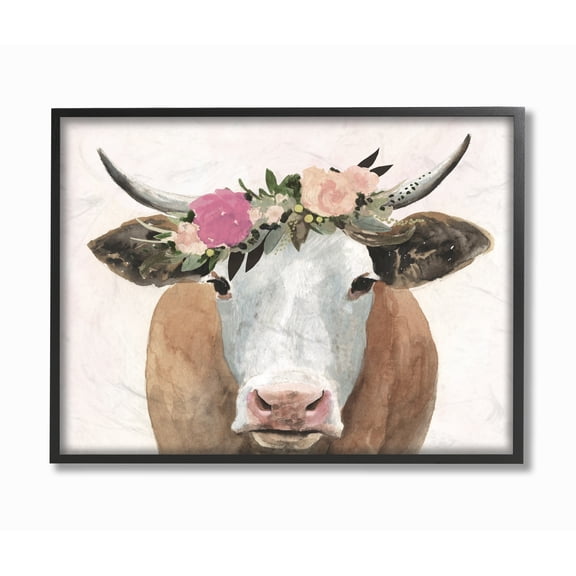 Stupell Industries Springtime Flower Crown Farm Cow with Horns Framed Wall Art by Victoria Borges