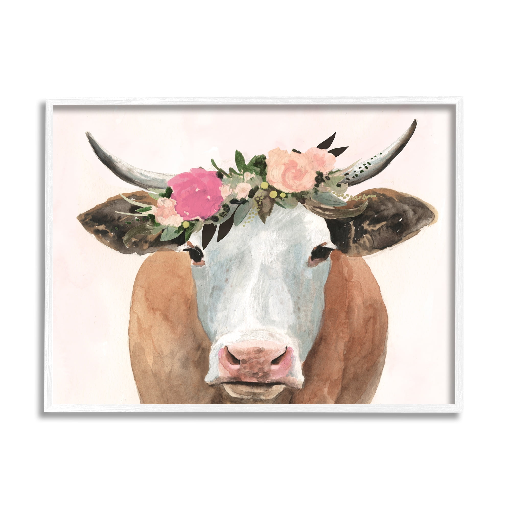 Stupell Industries Springtime Flower Crown Farm Cow with Horns Graphic Art Framed Art Print Wall Art, 20x16, By Victoria Borges