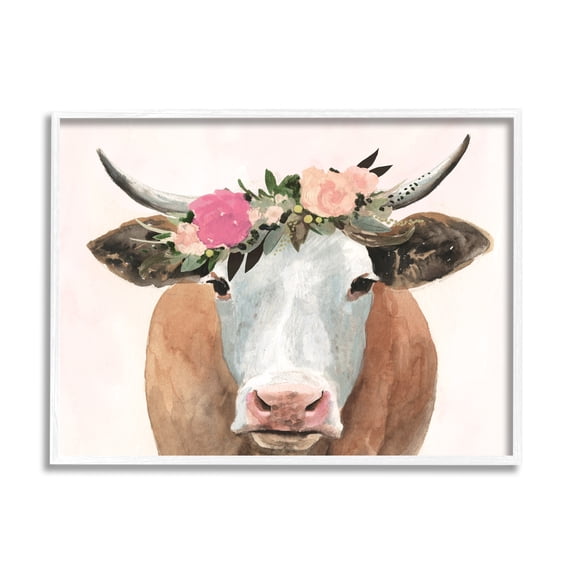 Stupell Industries Springtime Flower Crown Farm Cow with Horns Graphic Art Framed Art Print Wall Art, 20x16, By Victoria Borges