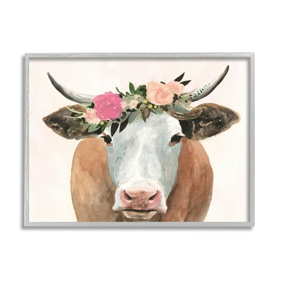 Stupell Industries Springtime Flower Crown Farm Cow with Horns Graphic Art Framed Art Print Wall Art, 30x24, By Victoria Borges