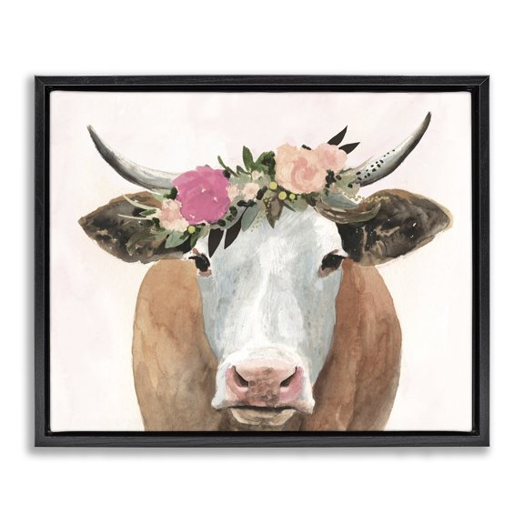 Stupell Industries Shabby Chic Springtime Flower Crown Farm Cow with Horns Black Floating Frame Canvas Art, 21 x 17, by Victoria Borges