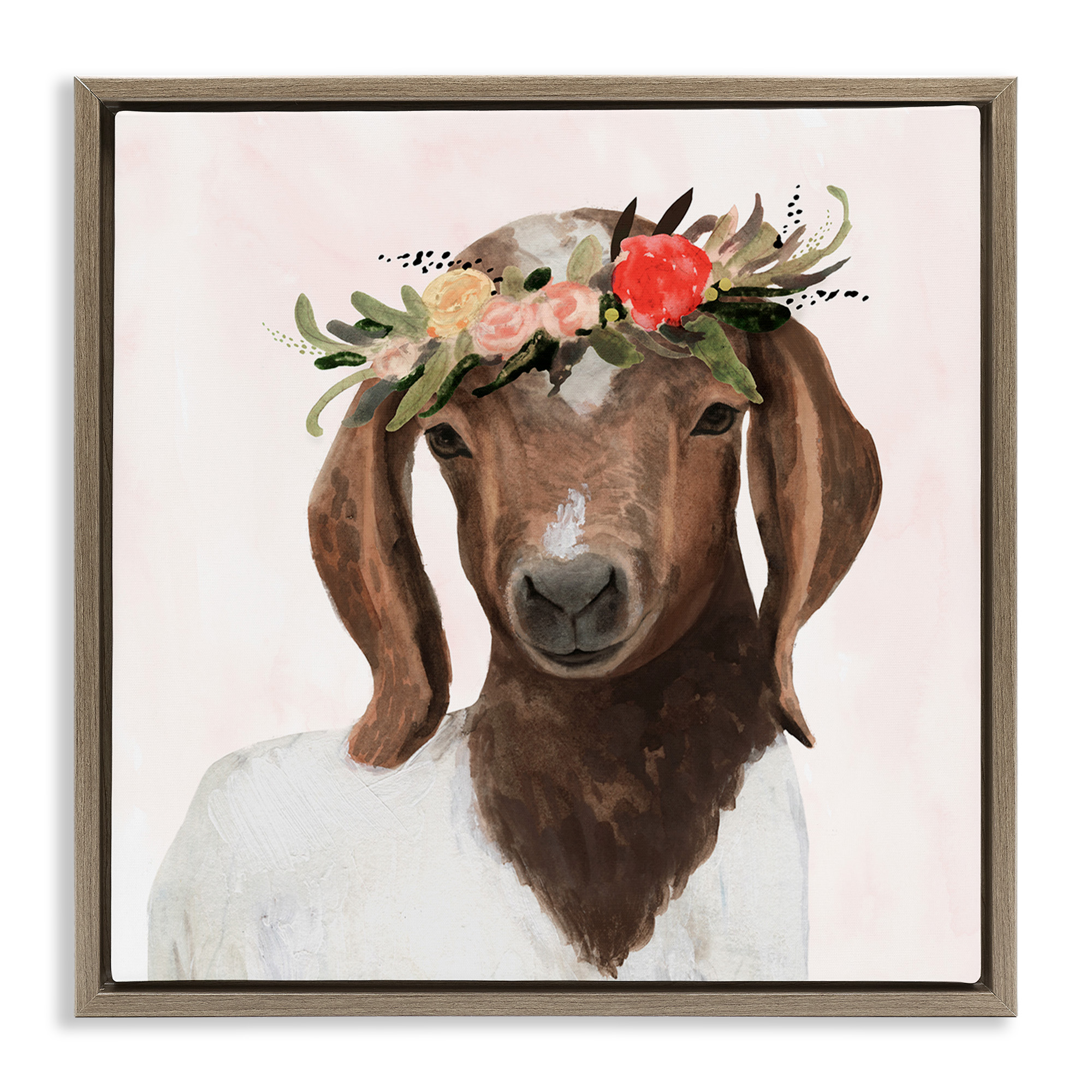 Stupell Industries Springtime Flower Crown Long Ear Goat Animals & Insects Painting Brown Floater Framed Canvas Art Print Wall Art, 18 x 18