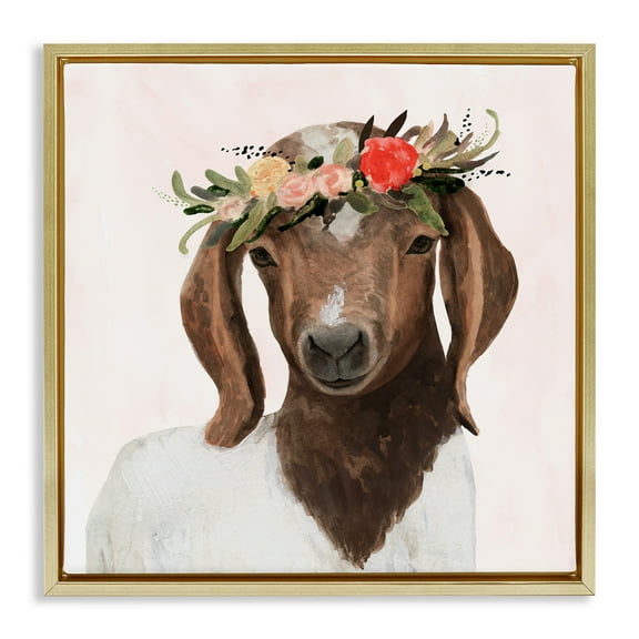 Stupell Industries Springtime Flower Crown Long Ear Goat Animals & Insects Painting Gold Floater Framed Canvas Art Print Wall Art, 25 x 25