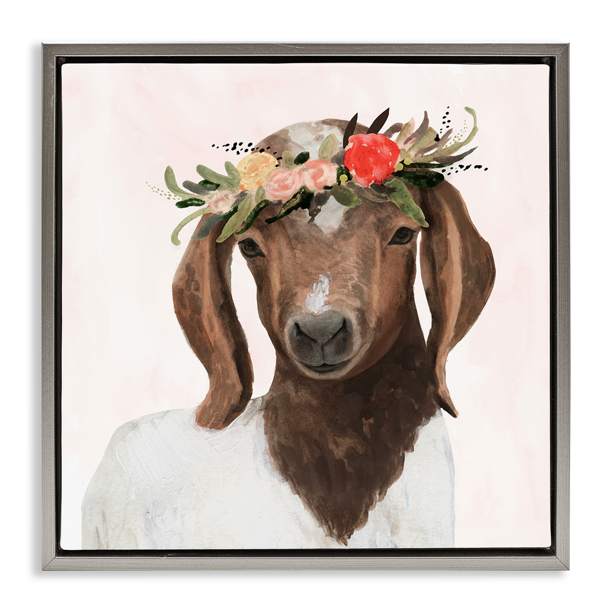 Stupell Industries Springtime Flower Crown Long Ear Goat Animals & Insects Painting Gray Floater Framed Canvas Art Print Wall Art, 18 x 18