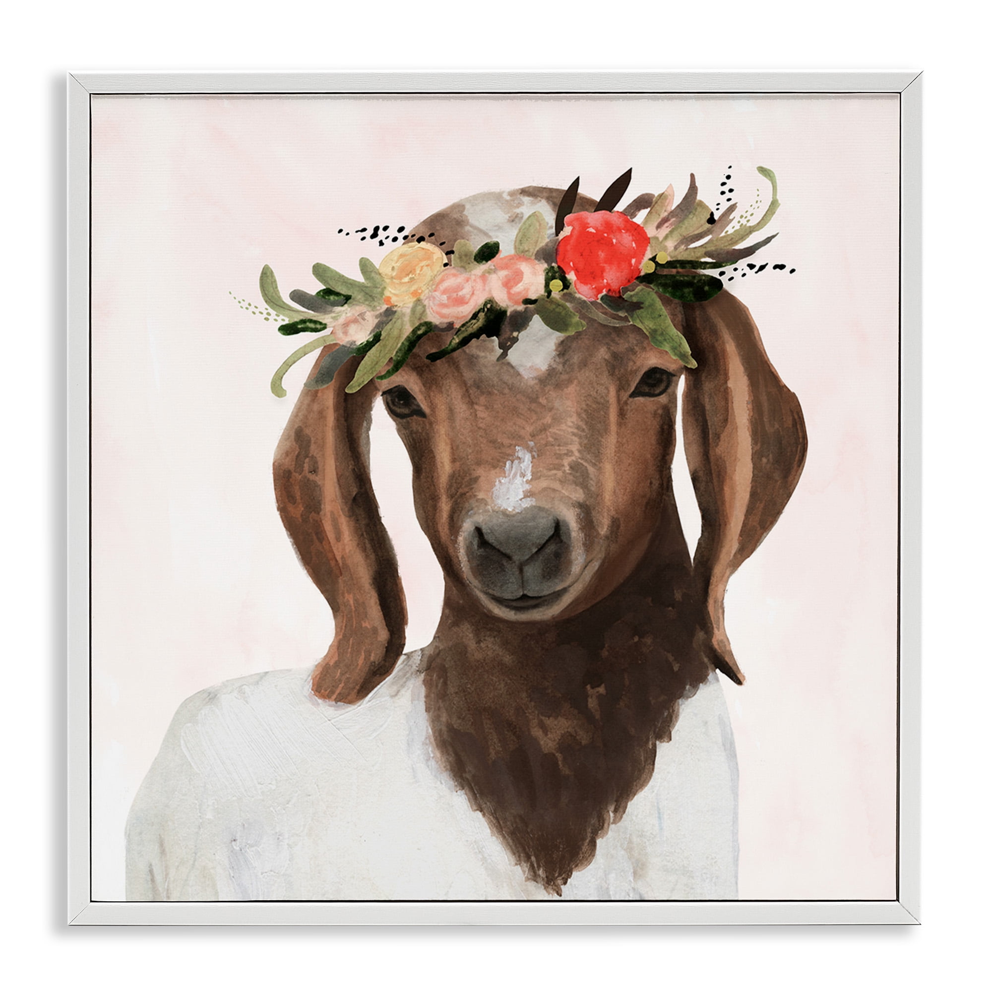 Stupell Industries Springtime Flower Crown Long Ear Goat Animals & Insects Painting White Framed Art Print Wall Art, 12 x 12