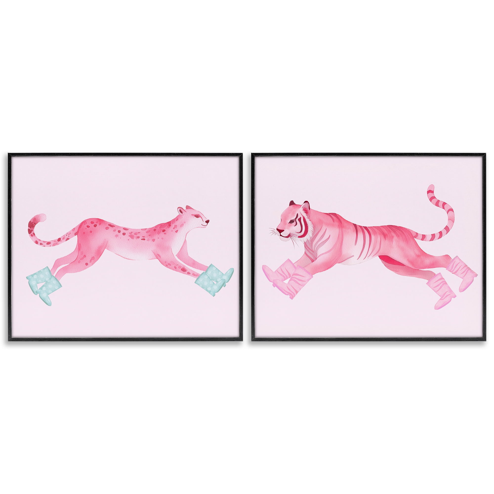 Stupell Industries Sprinting Jungle Animals in Boots Animals Painting Black Framed Art Print Wall Art, 30 x 24, Set of 2