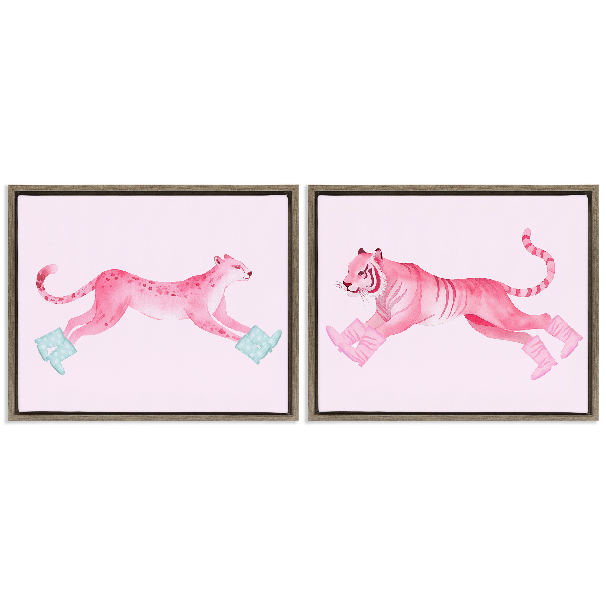 Stupell Industries Sprinting Jungle Animals in Boots Animals Painting Brown Floater Framed Canvas Art Print Wall Art, 21 x 17, Set of 2