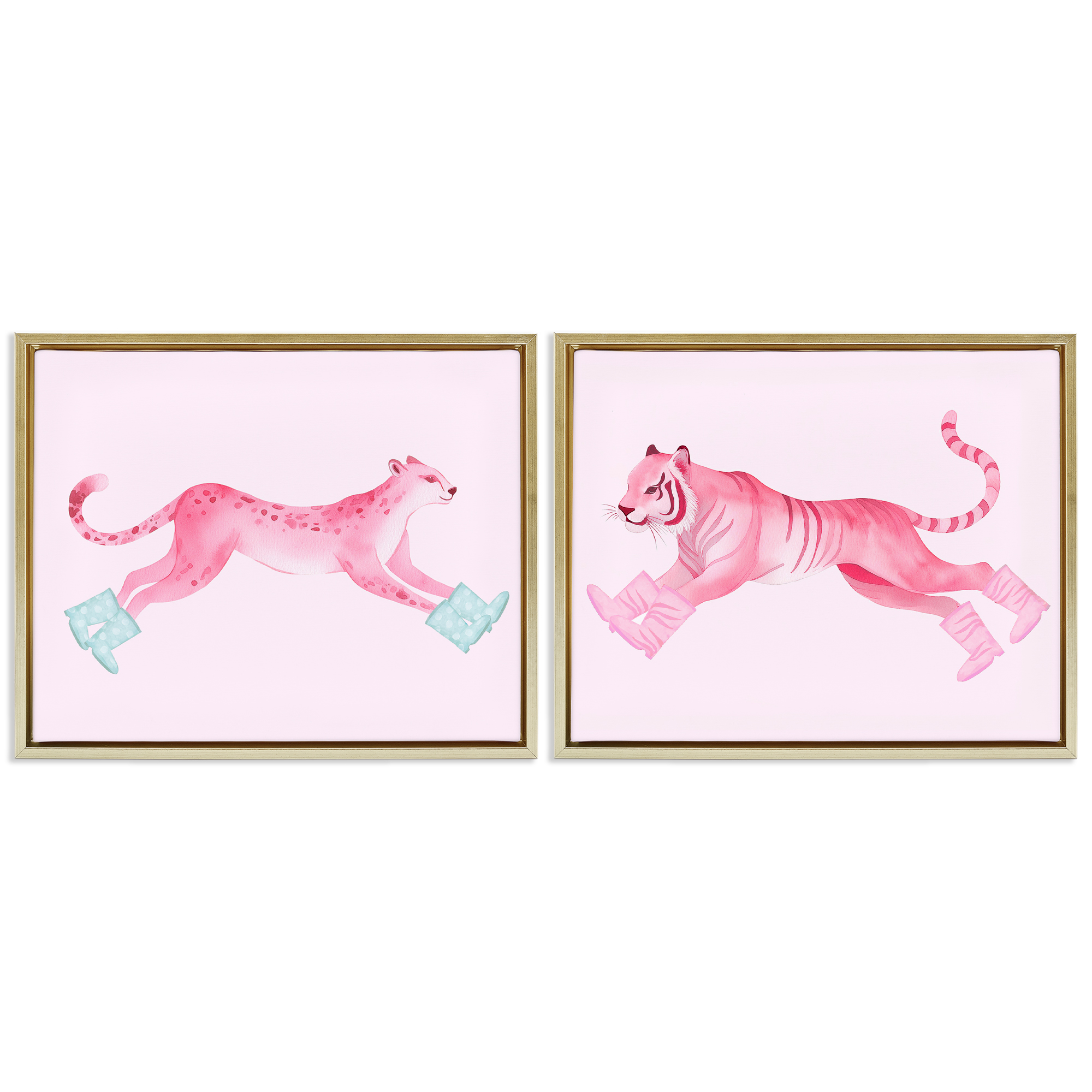 Stupell Industries Sprinting Jungle Animals in Boots Animals Painting Gold Floater Framed Canvas Art Print Wall Art, 21 x 17, Set of 2