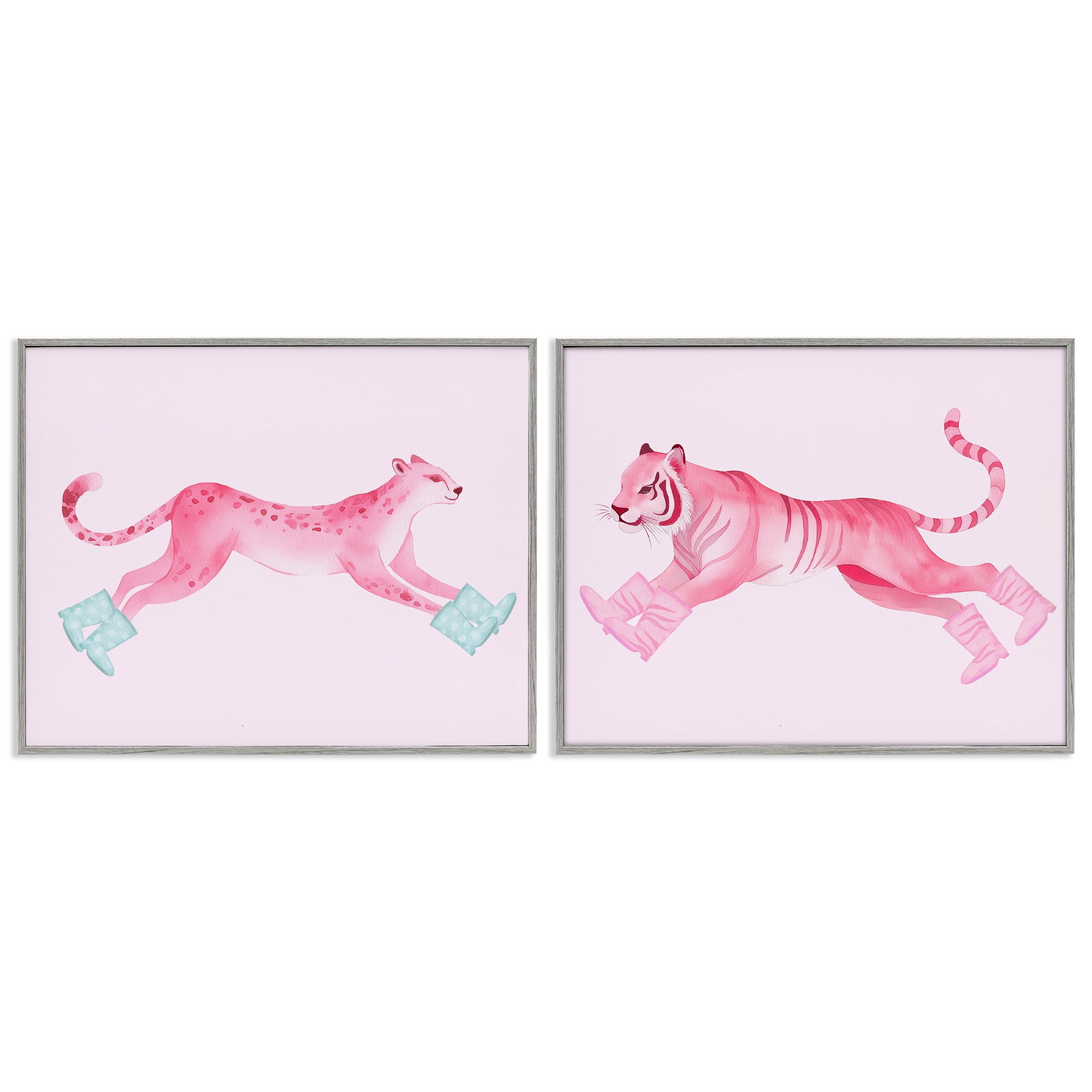 Stupell Industries Sprinting Jungle Animals in Boots Animals Painting Gray Framed Art Print Wall Art, 20 x 16, Set of 2