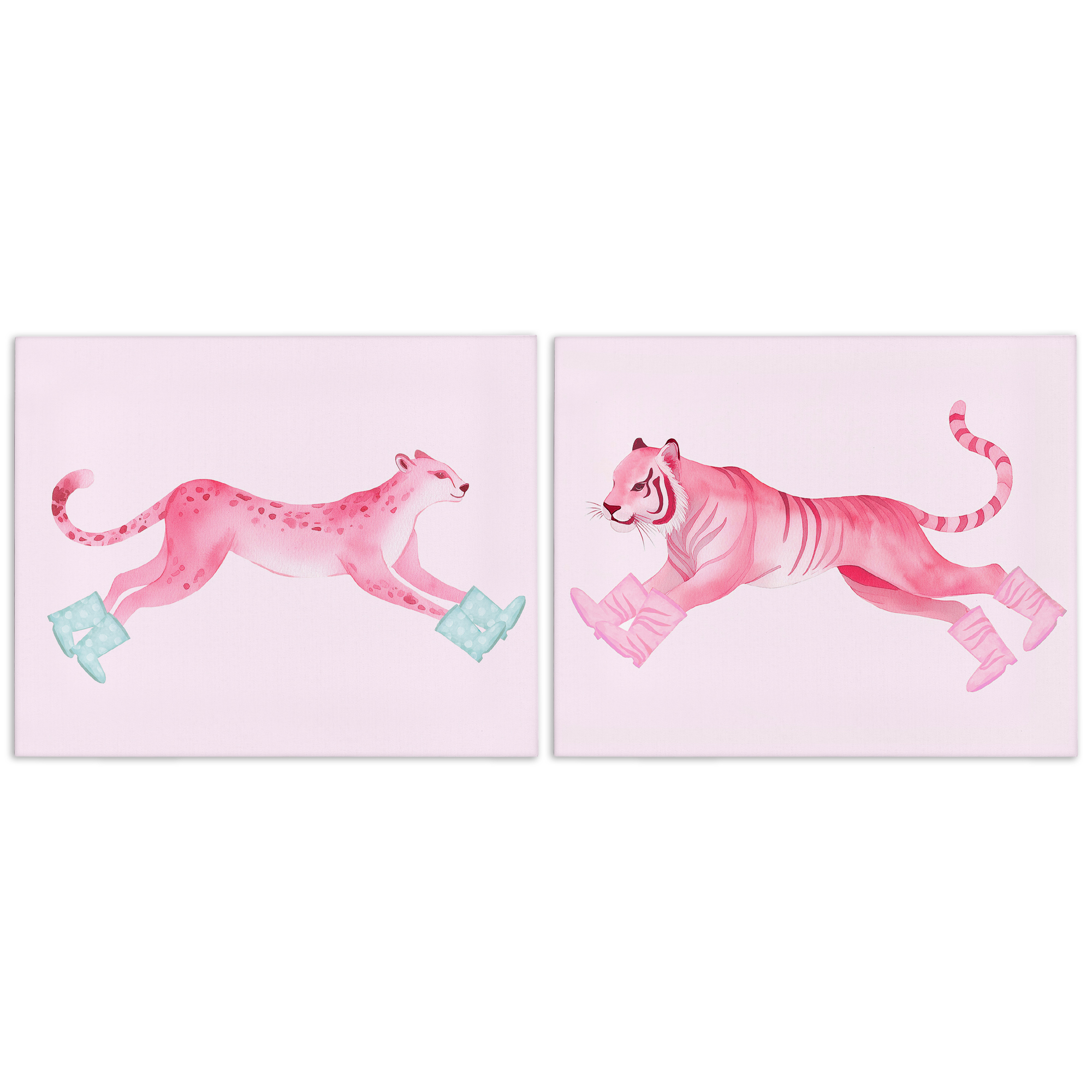 Stupell Industries Sprinting Jungle Animals in Boots Animals Painting Wrapped Canvas Art Print Wall Art, 20 x 16, Set of 2