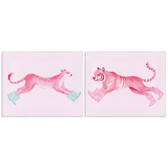 Stupell Industries Sprinting Jungle Animals in Boots Animals Painting Wrapped Canvas Art Print Wall Art, 20 x 16, Set of 2
