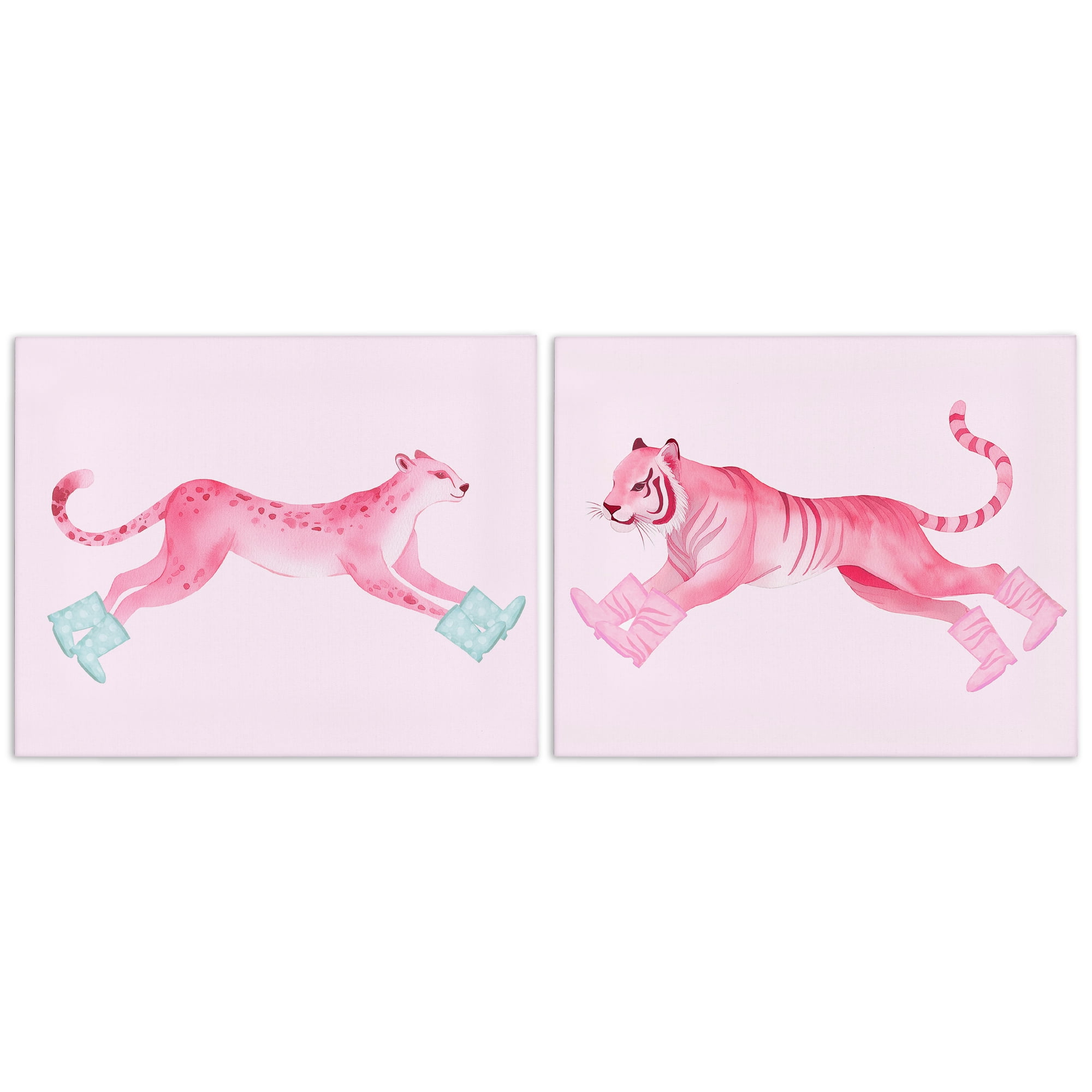 Stupell Industries Sprinting Jungle Animals in Boots Animals Painting Wrapped Canvas Art Print Wall Art, 30 x 24, Set of 2