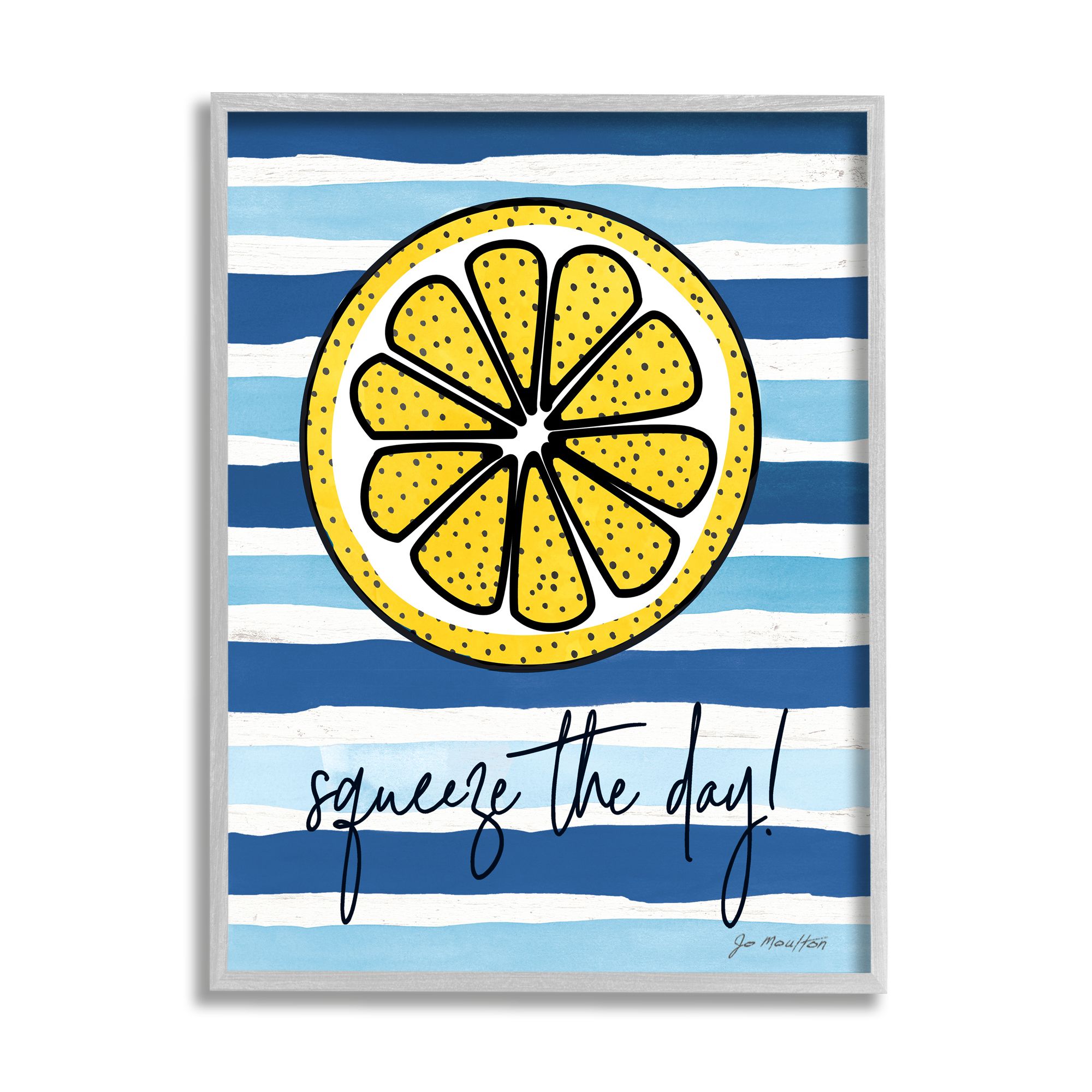 Stupell Industries Squeeze The Day Expression Lemon Nautical Stripes Landscape Painting Gray Framed Art Print Wall Art, 11 x 14