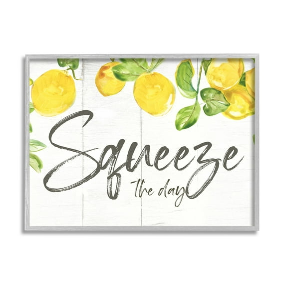Stupell Industries Squeeze the Day Motivational Phrase Cascading Lemon Fruits Graphic Art Gray Framed Art Print Wall Art, 14x11, by Nan